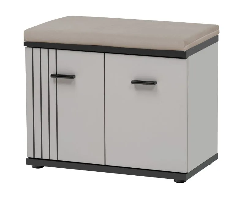 Schuhschrank | inkl. Sitzkissen | 2 Drehtüren | Farbe: Kaschmir / Schwarz / Beige | 2 Fächer | Maße: 60 x 32 x 46 cm | Sitzgelegenheit | modernes Design