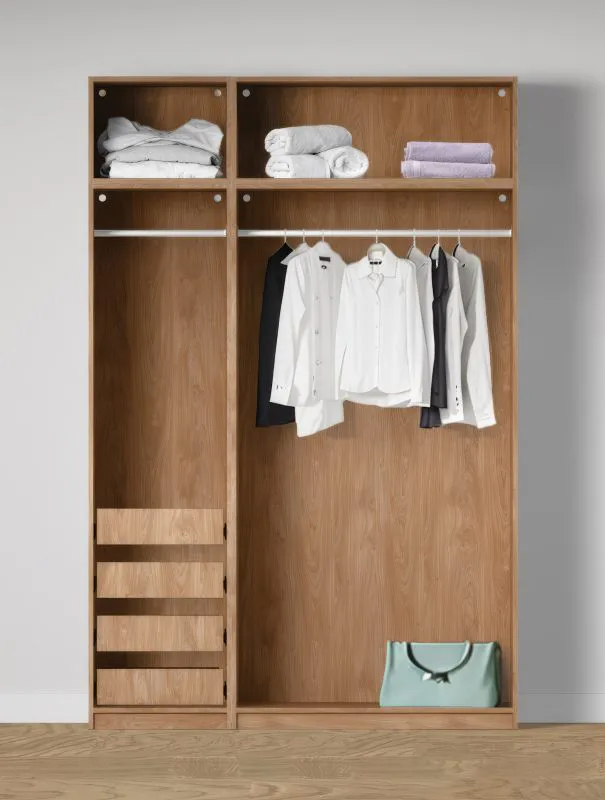 Offener Kleiderschrank | 4 Innenschubladen | Farbe: Eiche Puccini | 2 Fächer | 2 Kleiderstangen | Maße: 154 x 55 x 234 cm | Universelles Design | für Ankleidezimmer