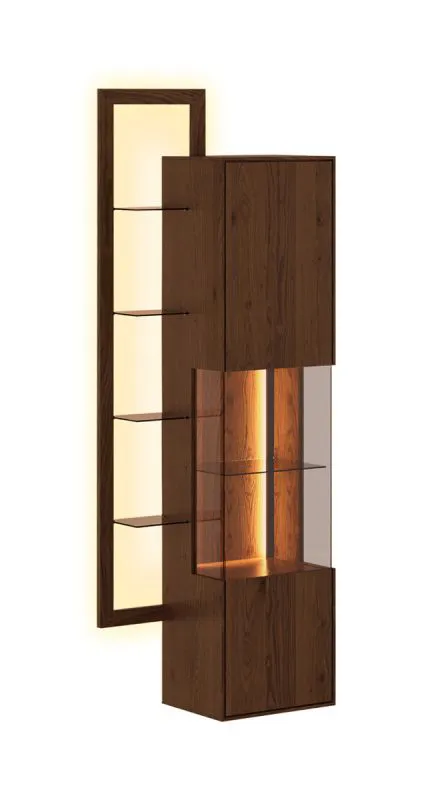 Hängevitrine Sienne 04, getöntes Glas, Massivholz, gebürstet und geölt, Push-to-open Funktion, Maße: 175 x 73 x 37 cm, eine Tür, inkl. LED-Beleuchtung