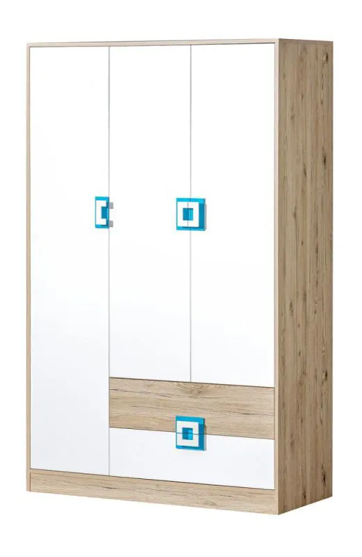 Kinderzimmer - Drehtürenschrank / Kleiderschrank Fabian 03, Farbe: Eiche Hellbraun / Weiß / Blau - 190 x 120 x 50 cm (H x B x T)