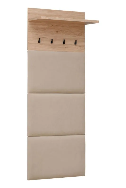 Garderobe mit einen Ablageboden Angvik 06, vier Haken, Farbe: Eiche / Schwarz, Maße: 156 x 60 x 26 cm, gepolstert, für den Vorraum