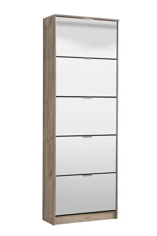 Hoher Schuhschrank Gradide 12, Spiegel-Front, Farbe: Eiche Grau, fünf Kipptüren, schlichtes Design, ABS-Kanten, Maße: 191,5 x 67 x 28 cm, 10 Fächer