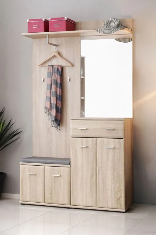 Garderobe mit Sitzgelegenheit Bratteli 04, Farbe: Eiche Sonoma - Abmessungen: 203 x 120 x 32 cm (H x B x T), mit Sitzkissen