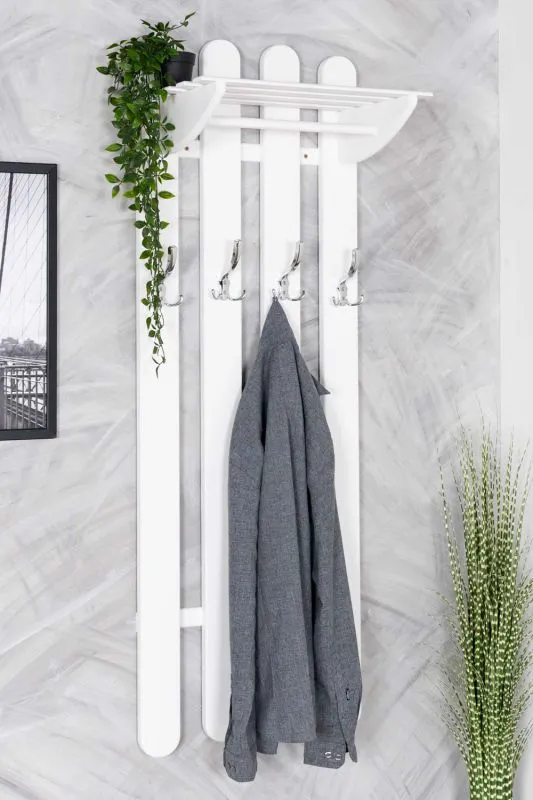 Schlichte Garderobe Kiefer Massivholz Junco 342, in Weiß, 150 x 50 x 33 cm, mit 4 Haken, sehr stabil und langlebig