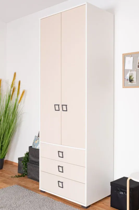 Kinderzimmer - Drehtürenschrank / Kleiderschrank Benjamin 18, Farbe: Weiß / Creme - Abmessungen: 236 x 84 x 56 cm (H x B x T)