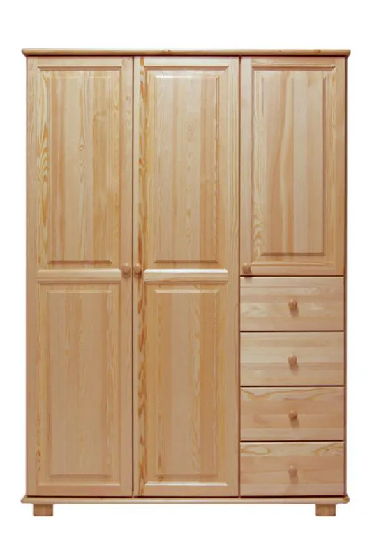Kleiderschrank | 2 Drehtüren | 4 Schubladen | 2 Fächer | mit Kleiderstange | 120 cm breit | Massivholz | Farbe: Natur Abbildung