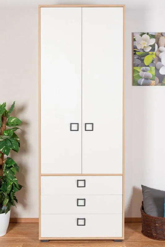 Kleiderschrank | 2 Drehtüren | 3 Schublade | 2 Fächer | mit Kleiderstange | 84 cm breit | Farbe: Buche Abbildung