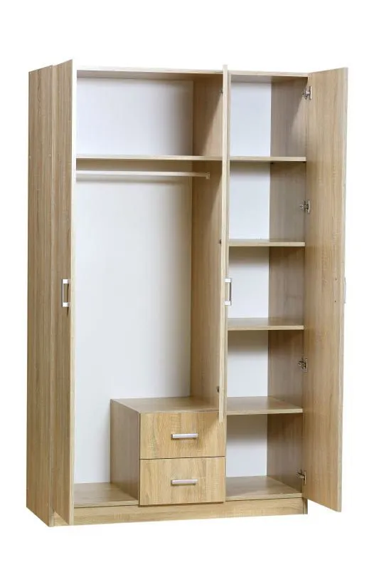 Kleiderschrank | 3 Drehtüren | 2 Schubladen | 6 Fächer | mit Kleiderstange | 120 cm breit | Farbe: Sonoma Eiche Abbildung