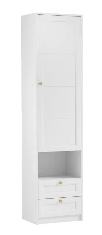 Weißer Schrank Ersigen 08 mit Metallgriffen in Gold, 219 x 54 x 40 cm, mit 1 Tür und 2 Schubladen, ABS Kantenschutz, 5 Fächer