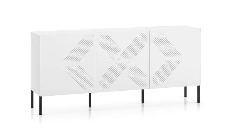 Sideboard / Kommode mit sechs Fächer Taos 05, Farbe: Weiß matt, Beine: Schwarz, Maße: 77 x 170 x 37 cm, mit drei Türen, stilvolle und dekorative Front