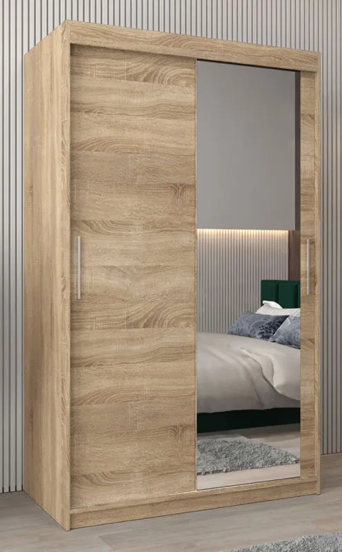 120 cm breiter Schiebetürenschrank mit 2 Türen | 5 Fächer | 2 Kleiderstangen | Farbe: Sonoma Eiche Abbildung