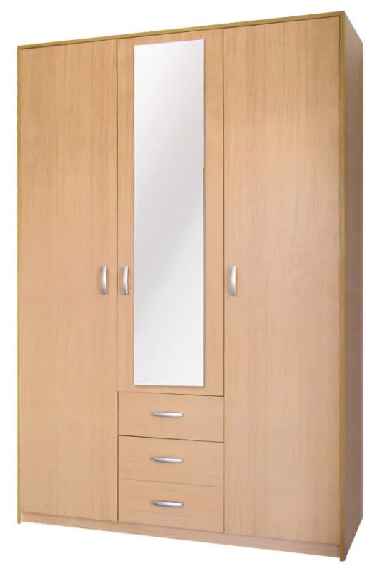 Kleiderschrank | 3 Drehtüren | 3 Schubladen | 8 Fächer | mit Kleiderstange | 140 cm breit | Farbe: Erle Abbildung