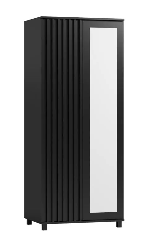 Schwarzer Kleiderschrank mit Spiegel, Fronten mit Lamellen, 200 x 84 x 60 cm, mit 2 Türen und 7 Fächern, 1 Kleiderstange, ABS-Kanten