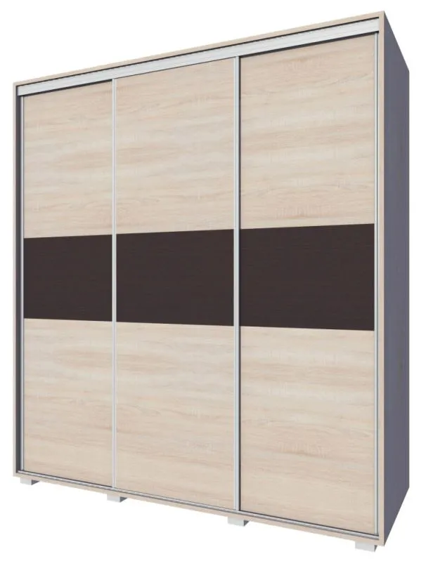 Kleiderschrank | 3 Schiebetüren | 4 Schubladen | 9 Fächer | inkl. Kleiderstange | 200 cm breit | Farbe: Sonoma Eiche Abbildung