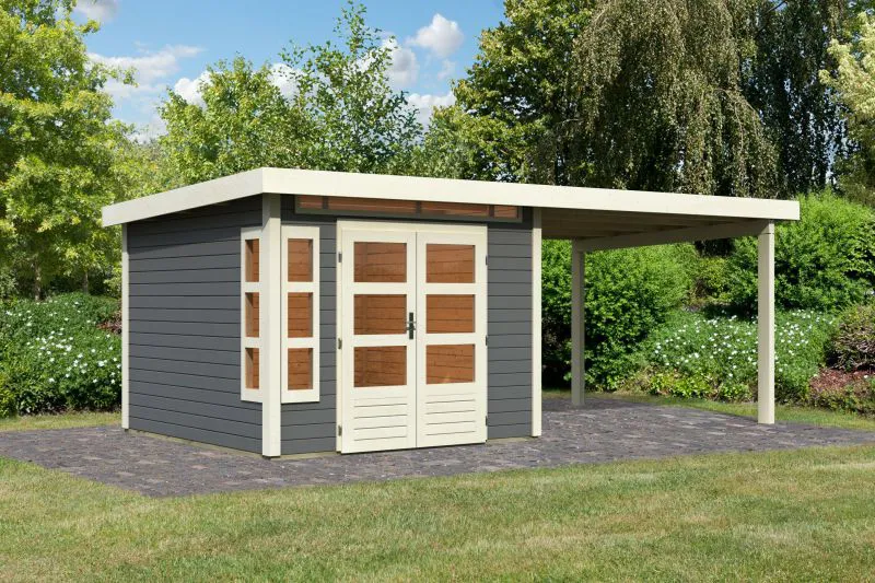 Gartenhaus SET terragrau mit Anbaudach 3,2 m, Grundfläche: 7m²