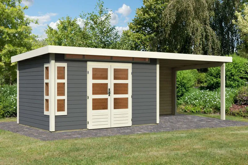 Gartenhaus SET terragrau mit Anbaudach 3,2 m, Rückwand, Grundfläche: 8,6m²