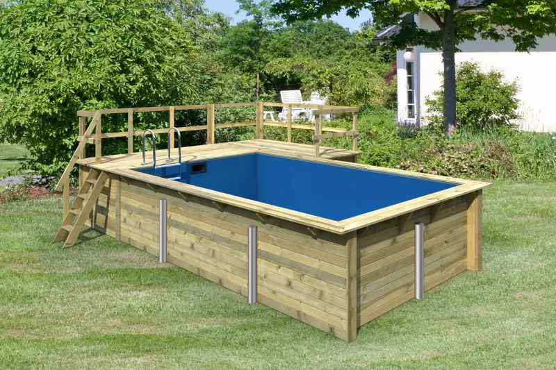 Holzpool 3 SET rechteckig, Farbe: Natur KDI, Ø 637 cm, inkl. Filterpaket, Leitern & Terrasse 2-teilig