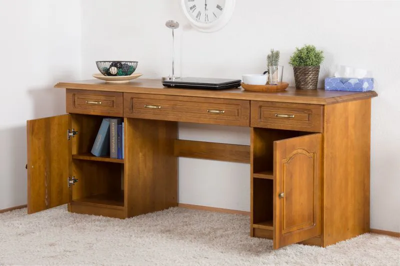 Schreibtisch Kiefer massiv Vollholz Eichefarben Rustikal Pipilo 19 - Abmessungen: 78 x 182 x 54 cm (H x B x T)