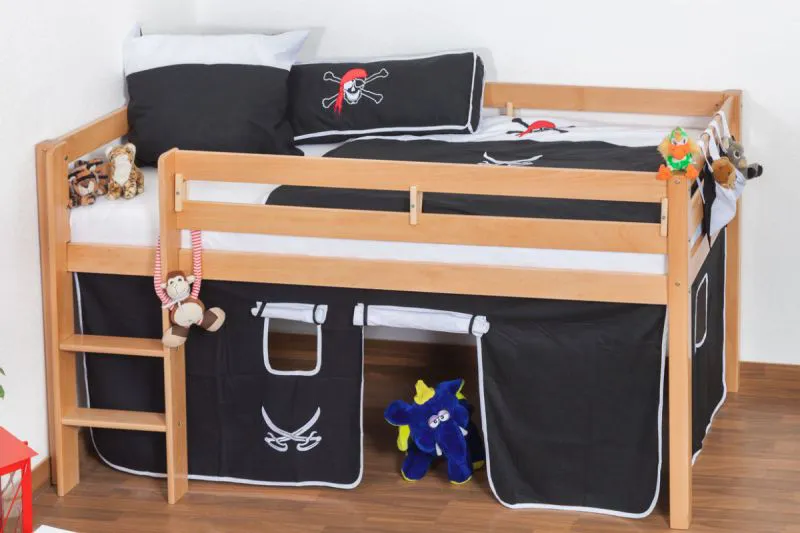Kinderbett Hochbett Andi Buche Vollholz massiv natur inkl. Rollrost - 90 x 200 cm