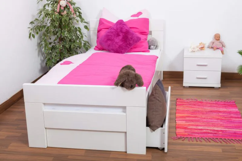 Kinderbett / Jugendbett "Easy Premium Line" K2 inkl. 2 Schubladen und 2 Abdeckblenden, 90 x 200 cm Buche Vollholz massiv weiß lackiert