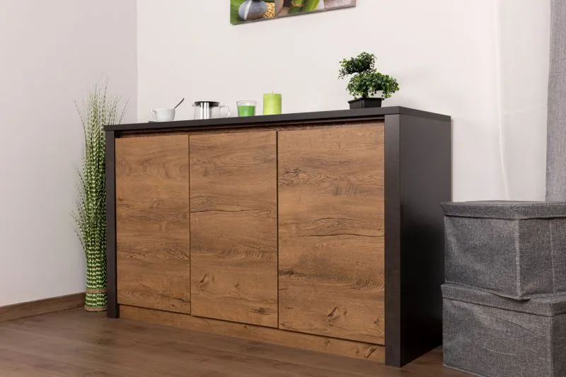 Kommode Selun 03, Farbe: Eiche Dunkelbraun / Grau - Abmessungen: 79 x 130 x 43 cm (H x B x T)