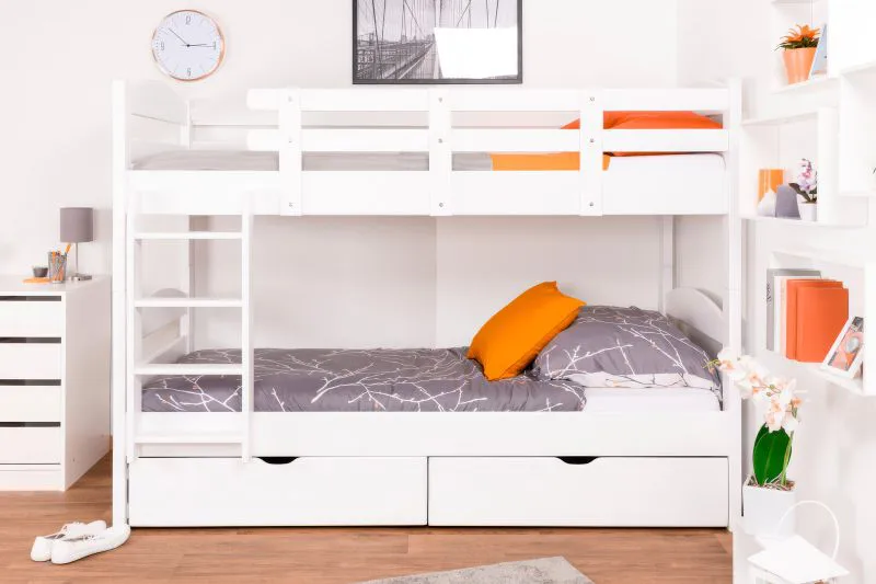 Etagenbett für Erwachsene "Easy Premium Line" K21/n inkl. 2 Schubladen und 2 Abdeckblenden, Kopf- und Fußteil gerundet, Buche Vollholz massiv Weiß - 90 x 200 cm (B x L), teilbar