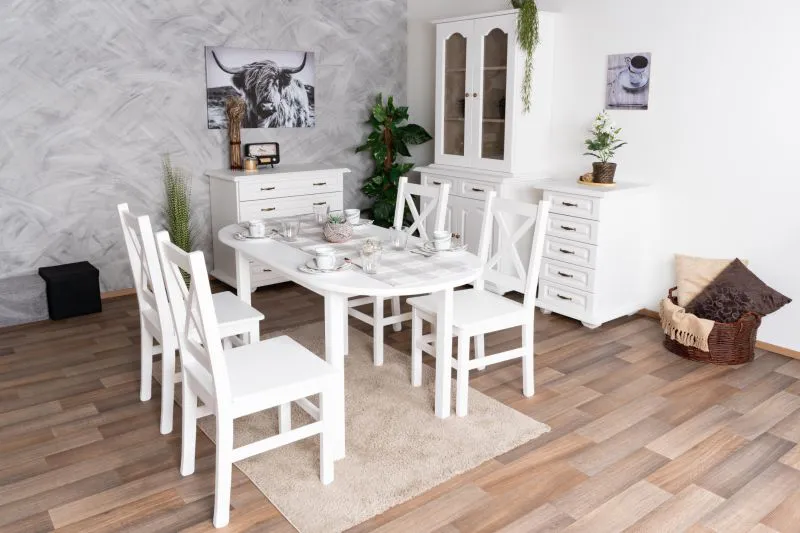 Landhausstil Esszimmer Komplett - Set A Pipilo in Weiß, 8-teilig, aus Kiefernholz, Massivholz, Vitrine, 2 Kommoden, Esstisch 75 x 150 cm, 4 Stühle