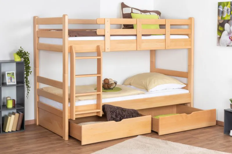 Stockbett für Erwachsene "Easy Premium Line" K20/n inkl. 2 Schubladen und 2 Abdeckblenden, Kopf- und Fußteil gerade, Buche Vollholz massiv Natur - Liegefläche: 90 x 200 cm, teilbar