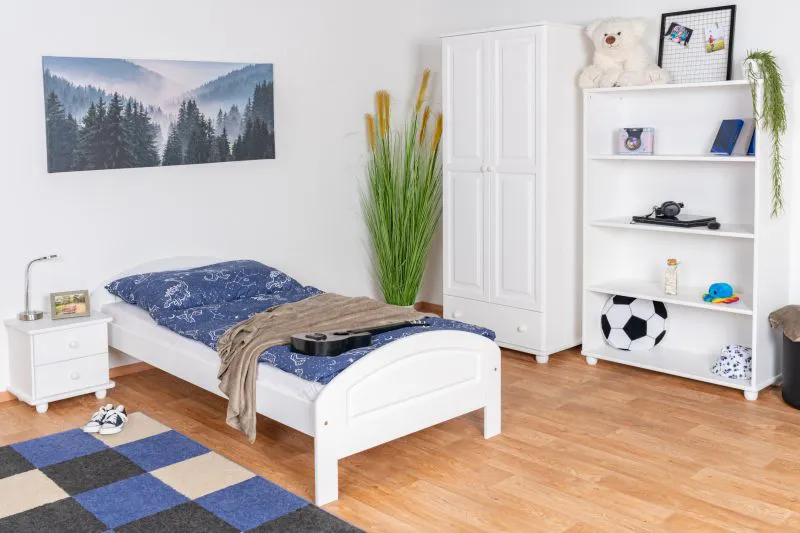 Weißes Kinderzimmer-Jugendzimmer - Komplett Set G Junco, 4-teilig, massives Kiefernholz, Landhausstil, Bett, Kleiderschrank, Regal, Nachtkommode
