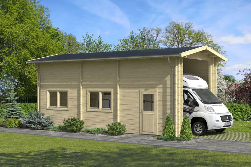 Holzgarage / Einzelgarage mit einer Tür, 70 mm Blockbohlenhaus, Grundfläche: 34,47 m², zwei Doppelfenster, Satteldach, Außenmaße: 884 x 390 cm, idealer Schutz für ihr Auto
