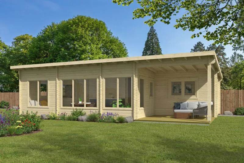 Ferienhaus / Gartenhaus mit Terrasse, inkl. Fußboden, mit 5 Räume, aus nordischen Fichtenholz, 40 mm Blockbohlenhaus, Grundfläche: 62,47 m², Außenmaße: 1050 x 595 cm, Isolierverglasung, Flachdach
