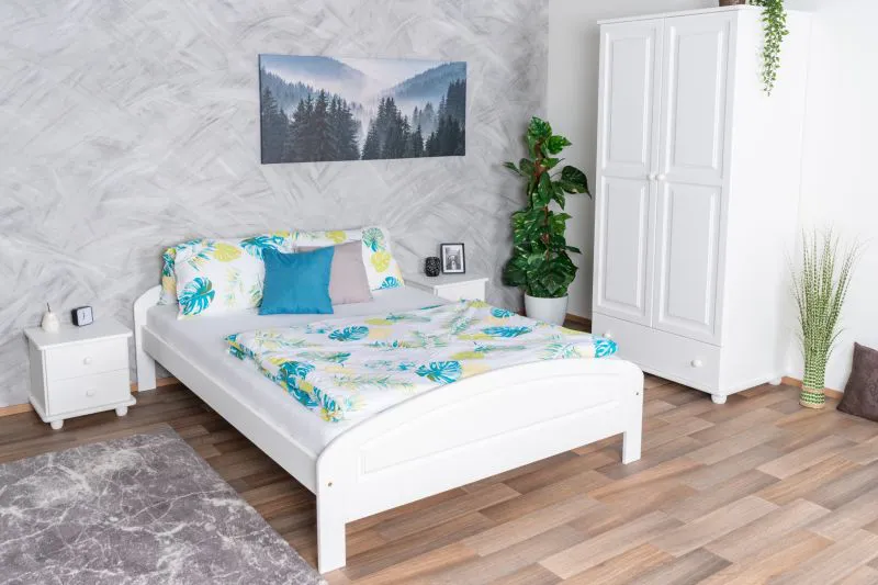 Landhausstil Schlafzimmer Komplett - Set D Junco, 4-teilig, Weiß, Massivholz, Bett mit Liegefläche: 140 x 200 cm, 2 Nachtkommoden und Kleiderschrank