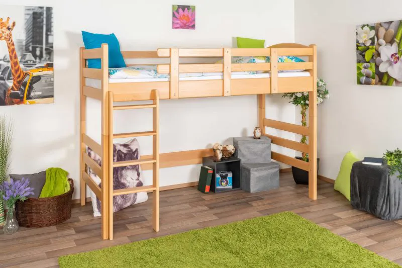 Hochbett für Erwachsene "Easy Premium Line" K22/n, Buche Vollholz massiv Natur - Liegefläche: 90 x 190 cm