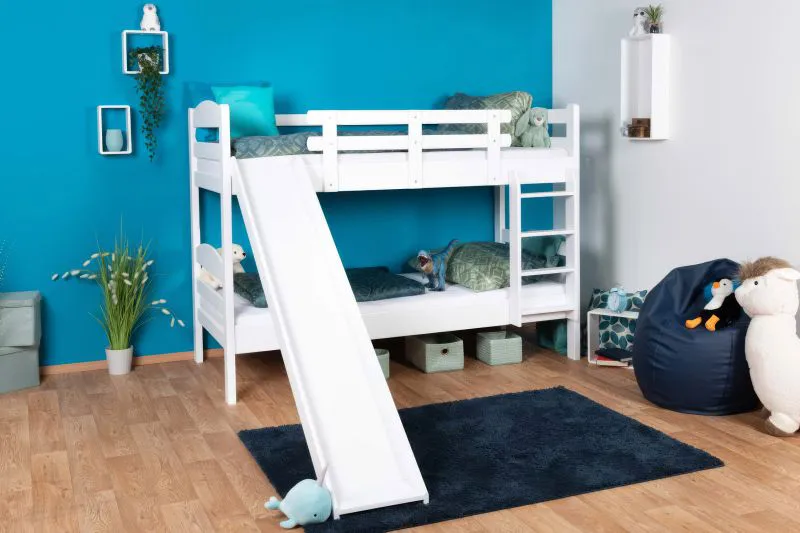 Weißes Etagenbett / Kinderbett / Stockbett mit Rutsche, 80 x 190 cm, Buche Massivholz Weiß lackiert, teilbar in zwei Einzelbetten, "Easy Premium Line" K25/n