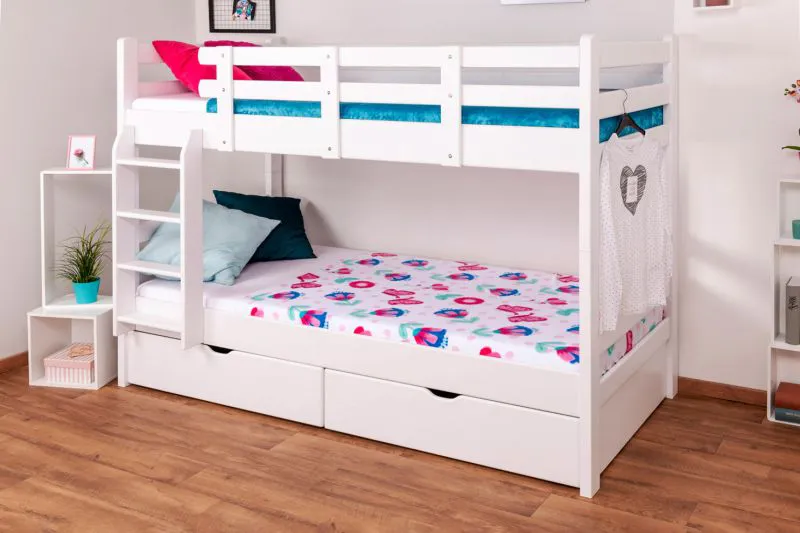 Funktions-Etagenbett 90 x 200 cm mit 2 Schubkästen als Stauraum | Massivholz: Buche | Weiß Lackiert | umbaubar in zwei Einzelbetten | Premium-Qualität | inkl. Rollroste Abbildung