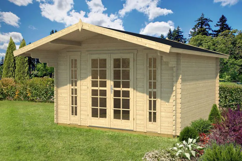 Holz-Gartenhaus 5,05 x 4,26 Meter (inkl. Dach) | 2 Fenster | 40 mm Blockbohlen |natur unbehandelt | Satteldach | inkl. Fußboden | aus nordischer Fichte Abbildung