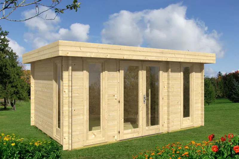 Flachdach-Gartenhaus 3,6 x 5,1 Meter (inkl. Dach) | 3 Fenster | 40 mm Blockbohlen |natur unbehandelt | aus Holz | inkl. Fußboden | aus nordischer Fichte Abbildung