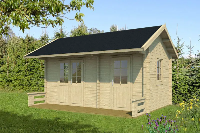 Holz-Gartenhaus 3,8 x 5,4 Meter (inkl. Dach) | 2 Fenster | 70 mm Blockbohlen |natur unbehandelt | Satteldach | inkl. Fußboden | aus nordischer Fichte Abbildung