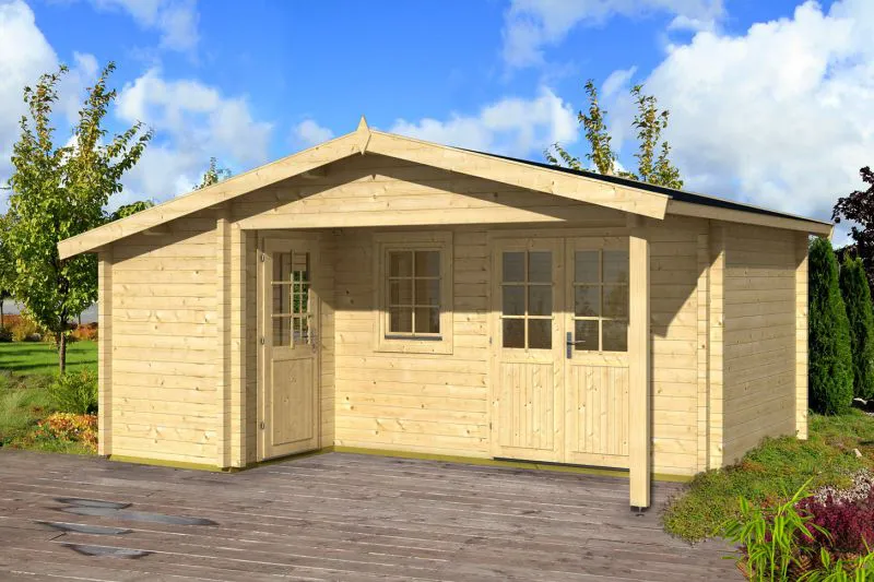 Holz-Gartenhaus 4,8 x 5,64 Meter (inkl. Dach) | 2 Fenster | 70 mm Blockbohlen |natur unbehandelt | Satteldach | inkl. Fußboden | aus nordischer Fichte Abbildung
