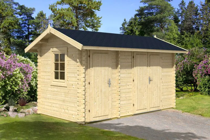 Holz-Gartenhaus 2,95 x 4,75 Meter (inkl. Dach) | 2 Fenster | 40 mm Blockbohlen |natur unbehandelt | Satteldach | inkl. Fußboden | aus nordischer Fichte Abbildung