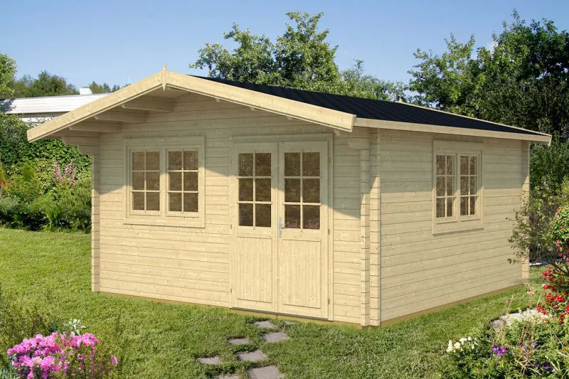 Holz-Gartenhaus 5,9 x 5,48 Meter (inkl. Dach) | 2 Fenster | 40 mm Blockbohlen |natur unbehandelt | Satteldach | inkl. Fußboden | aus nordischer Fichte Abbildung