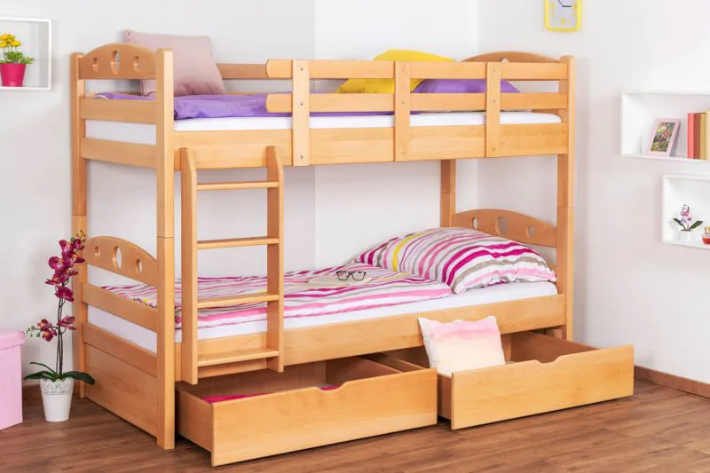 Massivholz Etagenbett inkl. Stauraum für Kinder und Jugendliche | inkl. 2 Schubladen | Matratzenmaß: 90 x 200 cm | Natur Lackiert | umbaubar in 2 Einzelbetten | Premium-Qualität | inkl. Rollroste Abbildung