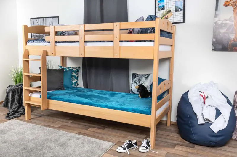 Massivholz Etagenbett für Kinder und Jugendliche | Matratzenmaß: 90 x 190 cm | Natur Lackiert | umbaubar in 2 Einzelbetten | Premium-Qualität | inkl. Rollroste Abbildung