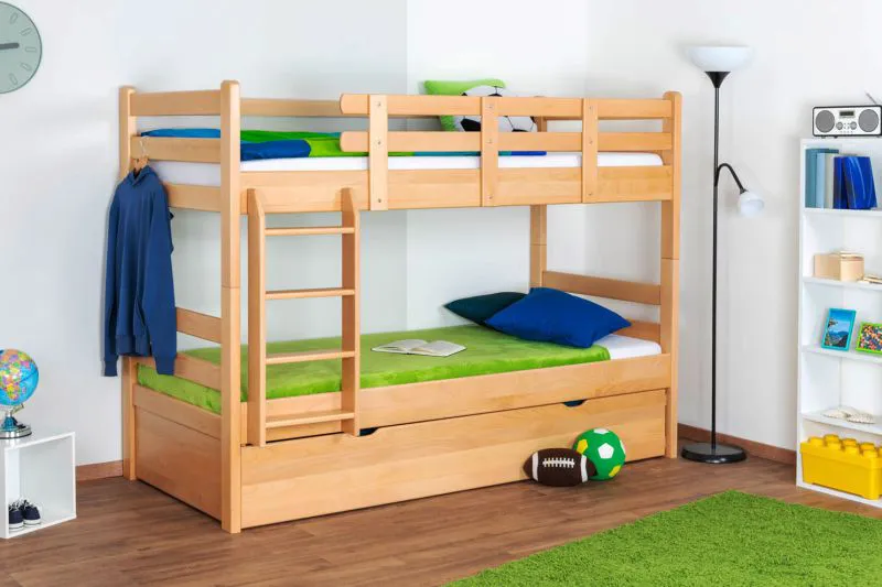 Massivholz Etagenbett inkl. Rollbett/Ausziehbett/Stauraum für Kinder und Jugendliche | Matratzenmaß: 90 x 200 cm | Natur Lackiert | umbaubar in 2 Einzelbetten | mit Rollbett | inkl. Rollroste Abbildung