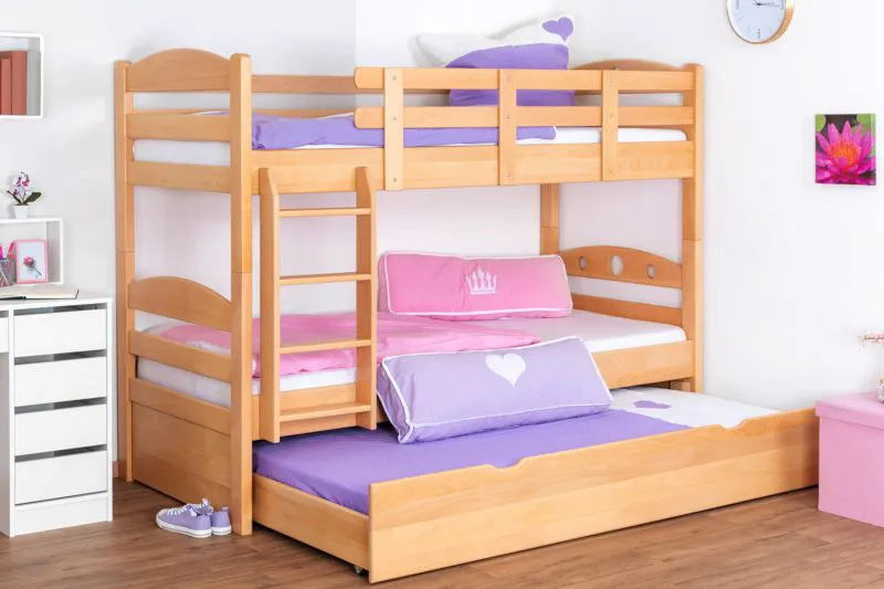 Massivholz Etagenbett inkl. Rollbett/Ausziehbett für Kinder und Jugendliche | Matratzenmaß: 90 x 200 cm | Natur Lackiert | umbaubar in 2 Einzelbetten | mit Rollbett | inkl. Rollroste Abbildung