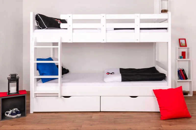 Massivholz Etagenbett inkl. Stauraum für Kinder und Jugendliche | inkl. 2 Schubkästen | Matratzenmaß: 90 x 200 cm | Weiß Lackiert | umbaubar in 2 Einzelbetten | Premium-Qualität | inkl. Rollroste Abbildung