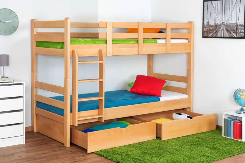 Massivholz Etagenbett inkl. Stauraum für Kinder und Jugendliche | inkl. 2 Schubladen | Matratzenmaß: 90 x 200 cm | Natur Lackiert | umbaubar in 2 Einzelbetten | Premium-Qualität | inkl. Rollroste Abbildung