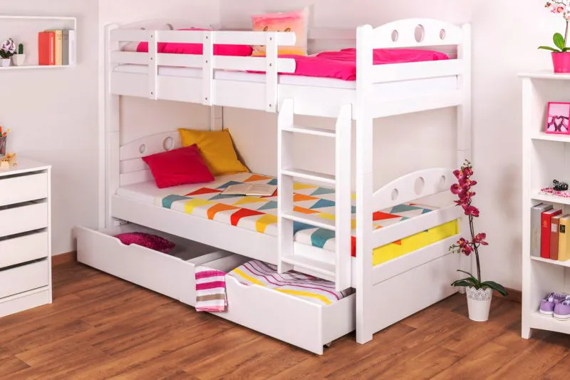 Massivholz Stockbett inkl. Stauraum für Kinder und Jugendliche | inkl. 2 Schubladen | Matratzenmaß: 90 x 200 cm | Weiß Lackiert | umbaubar in 2 Einzelbetten | Premium-Qualität | inkl. Rollroste Abbildung