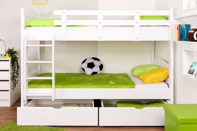 Massivholz Stockbett inkl. Stauraum für Kinder und Jugendliche | inkl. 2 Schubladen | Matratzenmaß: 90 x 200 cm | Weiß Lackiert | umbaubar in 2 Einzelbetten | Premium-Qualität | inkl. Rollroste Abbildung