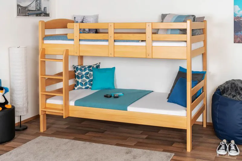 Kinderetagenbett für Jungen und Mädchen 90 x 200 cm | Massivholz: Buche | Natur Lackiert | umbaubar in 2 Einzelbetten | Premium-Qualität | inkl. Rollroste Abbildung